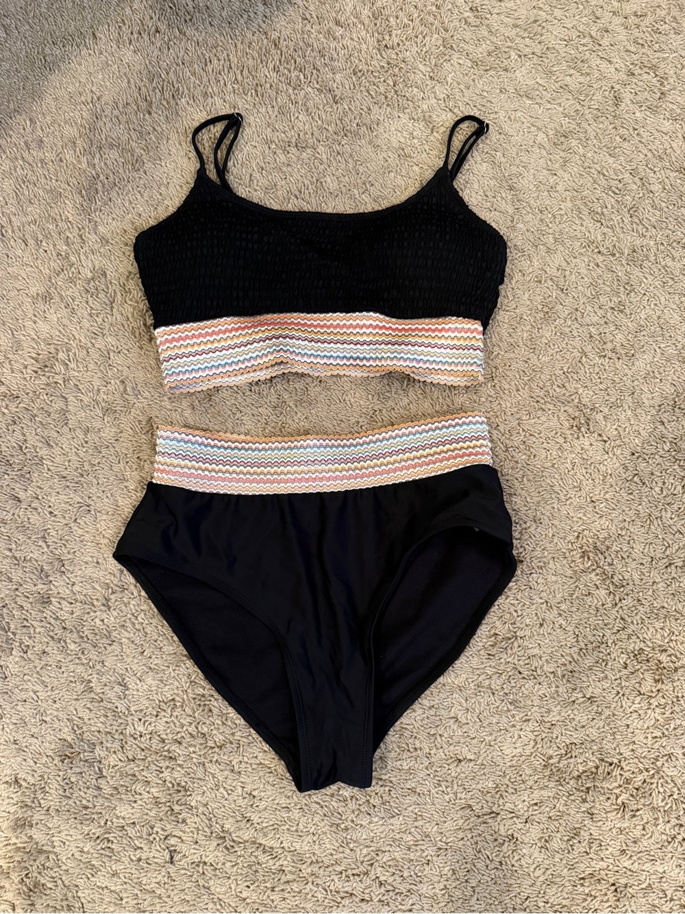 Black Two-Piece Bikini with Multicolor Zigzag Trim